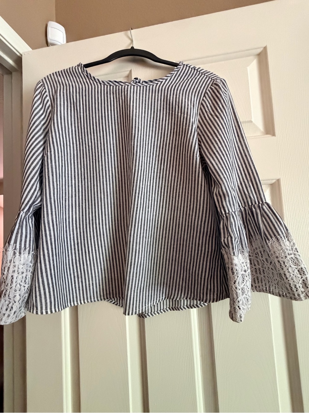 Striped V-Neck Bell Sleeve Blouse with Lace Trim - White & Black